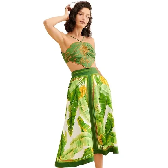 FARM Rio | Tops | Farm Rio Cropped Embroidered Linenblend Halter Neck Top  Green Size Xs | Poshmark